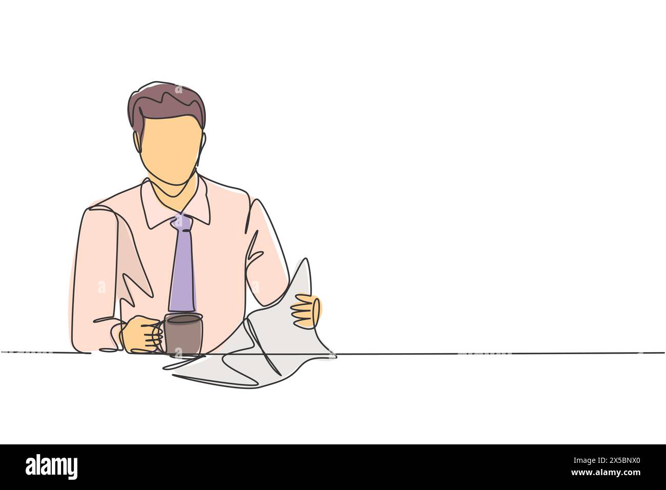 Una singola linea di disegno di giovane felice lavoratore attraente che tiene tazza di caffè mentre legge un giornale in ufficio. Bevande caffè o tè concetto contin Illustrazione Vettoriale