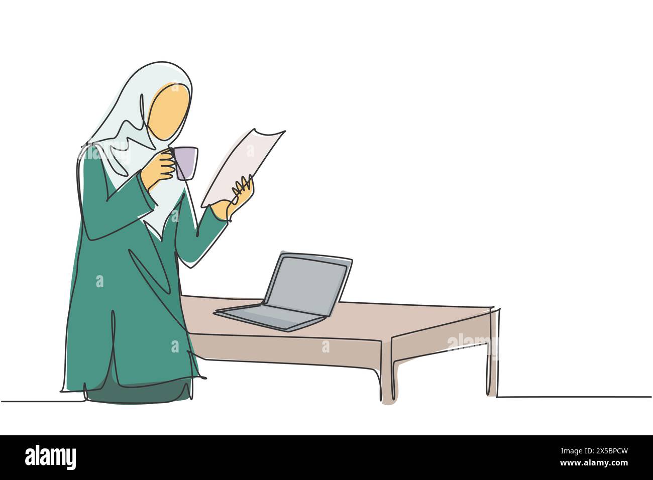 Un disegno di linea continuo del responsabile di vendita del muslimah giovane che legge la carta di rapporto di vendite dal membro del team mentre tiene una tazza di caffè. Bere co Illustrazione Vettoriale
