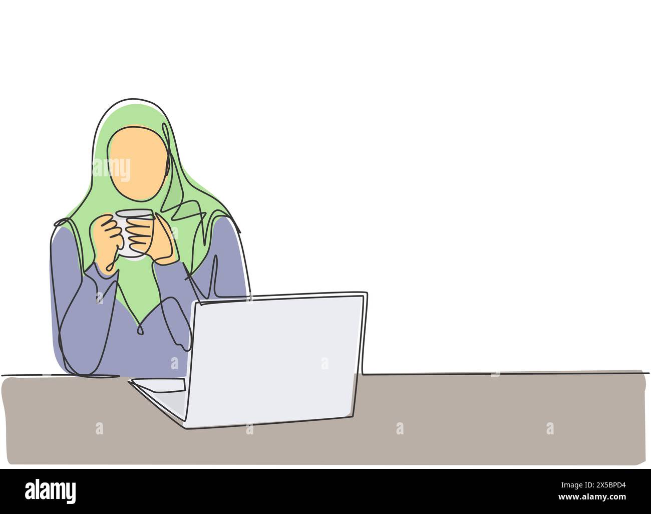 Un disegno di linea continuo dei giovani impiegati dell'ufficio del muslimah che pensano pensive davanti al monitor del laptop. Arabia Saudita femmina con hijab e velo co Illustrazione Vettoriale
