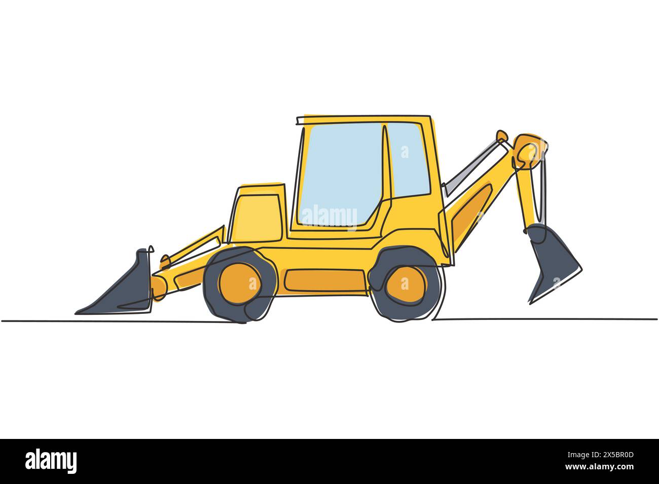 Un disegno in linea continuo del bulldozer per lo scavo del terreno e il livellamento della strada. Concetto di attrezzatura per dumper da costruzione con retroescavatore pesante. Singolo dinamico l Illustrazione Vettoriale