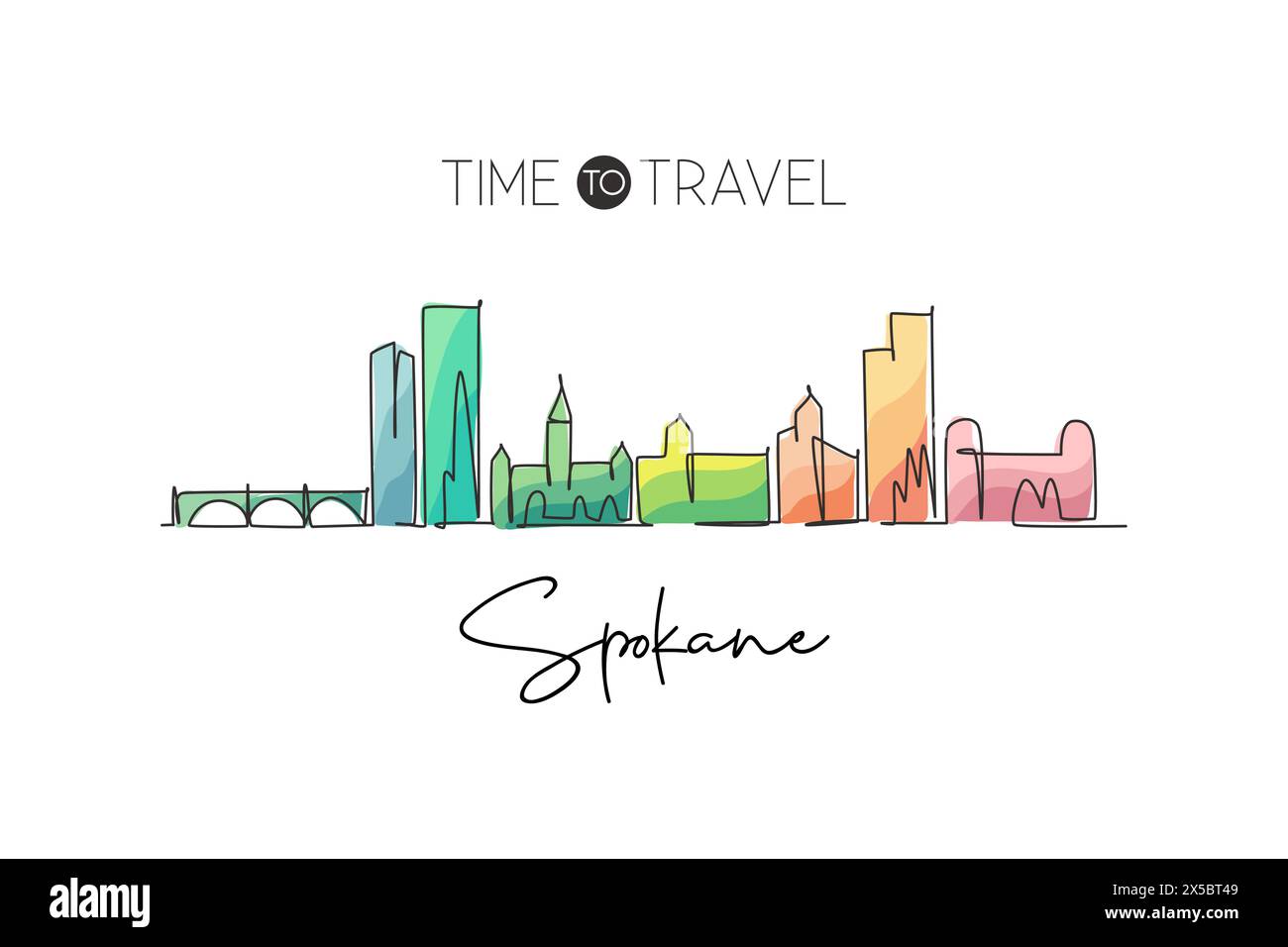 Una linea continua che disegna lo skyline di Spokane, Washington. Splendido punto di riferimento. Turismo paesaggistico mondiale viaggi casa decorazione murale stampa poster. Styl Illustrazione Vettoriale