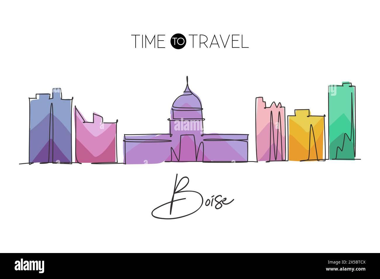 Un disegno continuo dello skyline di Boise, Idaho. Turismo paesaggistico e vacanza di viaggio per la stampa di decorazioni murali. Elegante singola l Illustrazione Vettoriale