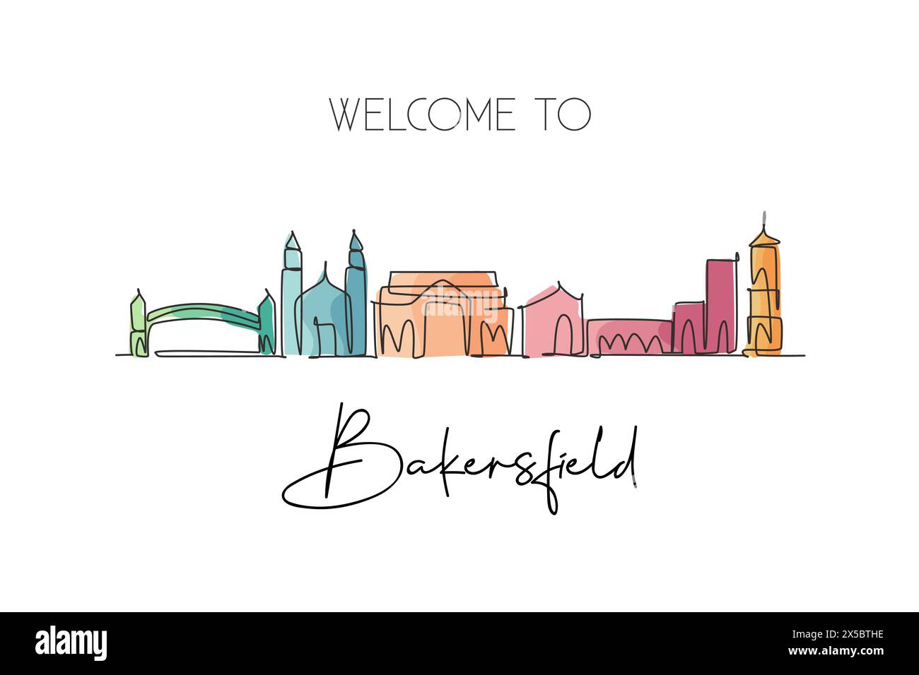 Una linea singola che disegna lo skyline di Bakersfield, California. Il paesaggio storico della città nel mondo. La migliore destinazione per le vacanze. Tratto modificabile alla moda Illustrazione Vettoriale