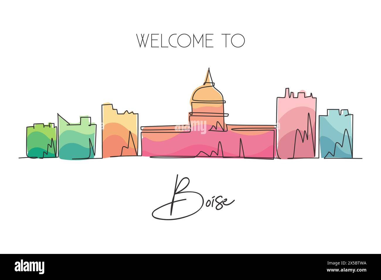 Un disegno continuo dello skyline di Boise, Idaho. Turismo paesaggistico e vacanza di viaggio per la stampa di decorazioni murali. Elegante singola l Illustrazione Vettoriale