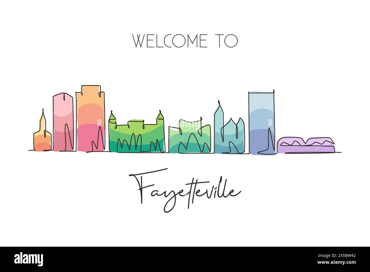 Disegno a linea singola continua dello skyline di Fayetteville, North Carolina. Il famoso paesaggio cittadino dei raschiatori. Arredamento da parete da viaggio in tutto il mondo, stampa poster Illustrazione Vettoriale