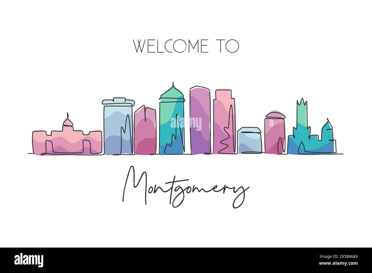 Un disegno continuo dello skyline di Montgomery, Alabama. Splendido punto di riferimento. Turismo paesaggistico mondiale viaggi decorazione murale poster arte, cartolina. S Illustrazione Vettoriale