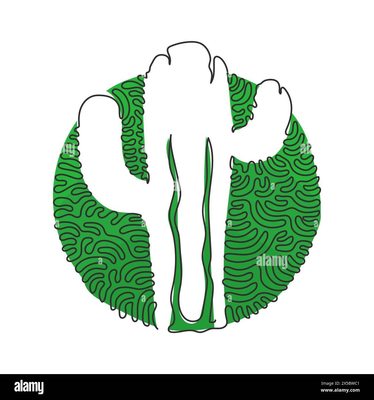 Una linea singola che disegna una graziosa pianta esotica di cactus spinosi tropicali. Decorazioni decorative stampabili per la casa con decorazioni per la casa. Ruotare il cerchio di arricciamento all'indietro Illustrazione Vettoriale