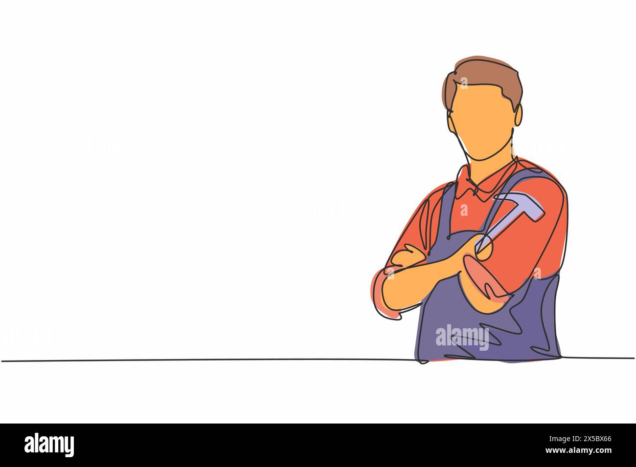 Singola linea che disegna il braccio della croce del falegname giovane maschio sul petto e tiene il martello. Professione professionale e professione concetto minimo. Conti Illustrazione Vettoriale