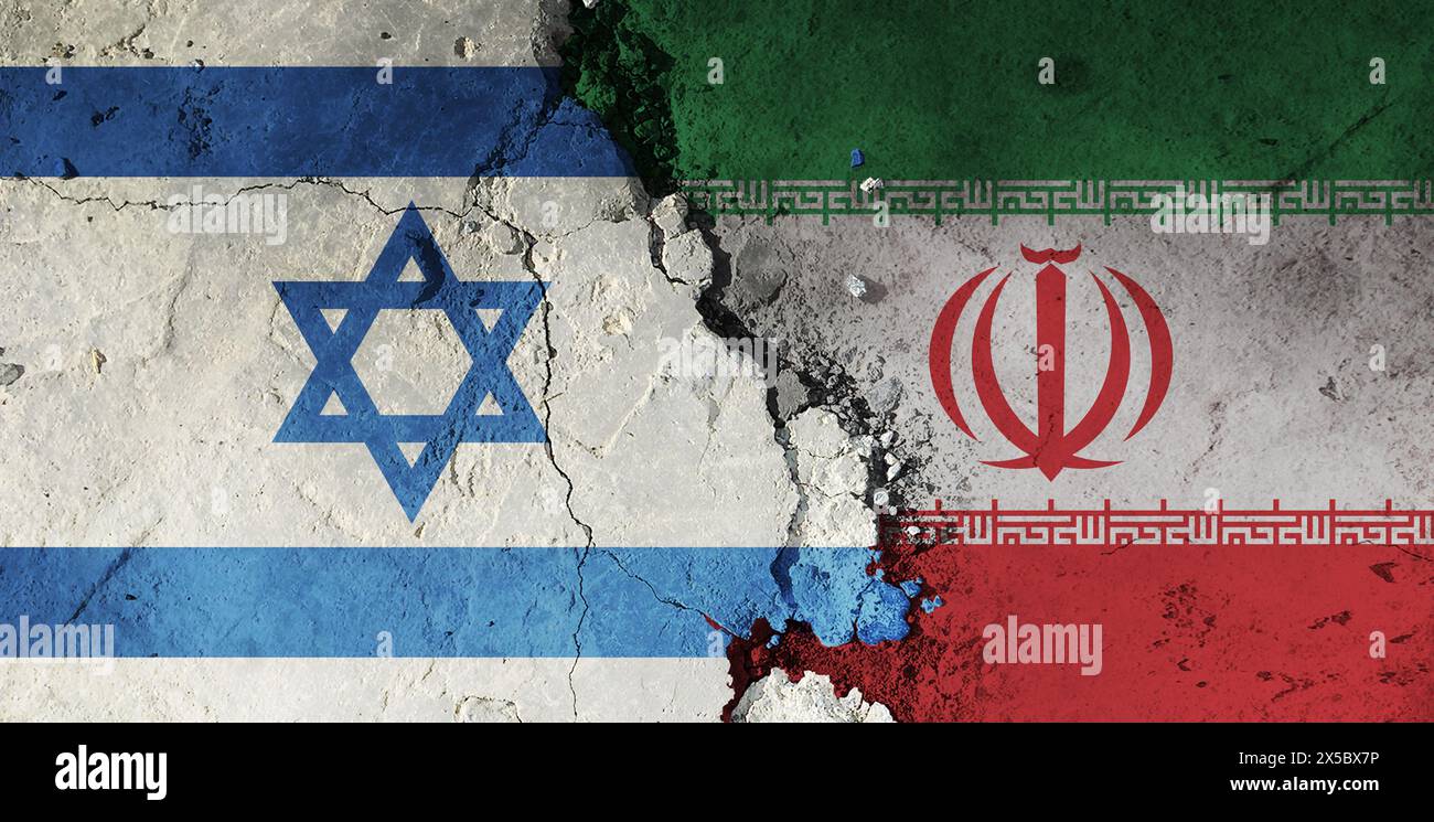 Relazioni diplomatiche tra Israele e Iran. le bandiere dei due contatori. bandiera dell'iran e bandiera di israele. Foto Stock