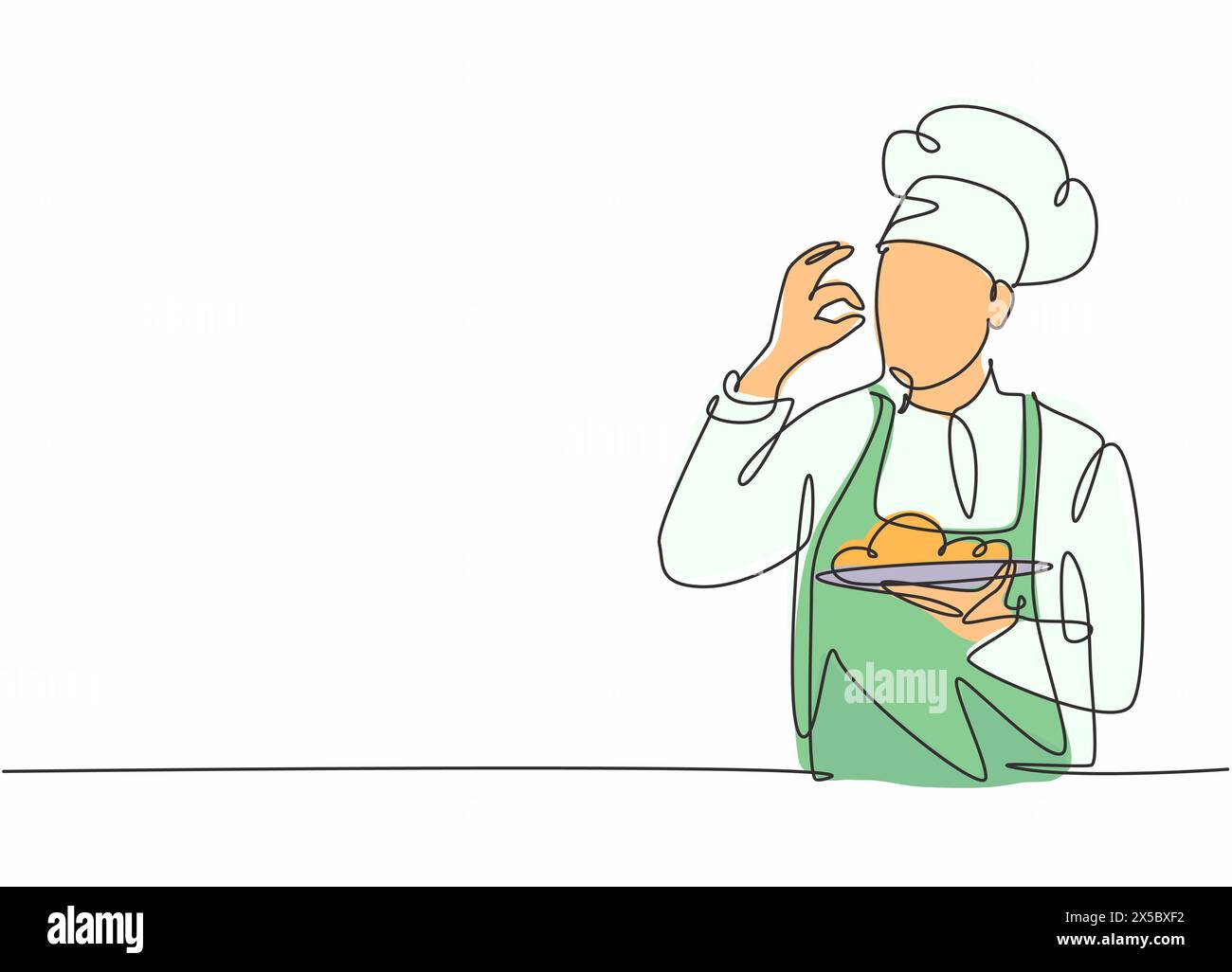 Un solo disegno di un giovane e attraente chef maschile che fa un gesto di gusto eccellente per il delizioso piatto principale che ha servito. Il ristorante dell'hotel è alla moda Illustrazione Vettoriale