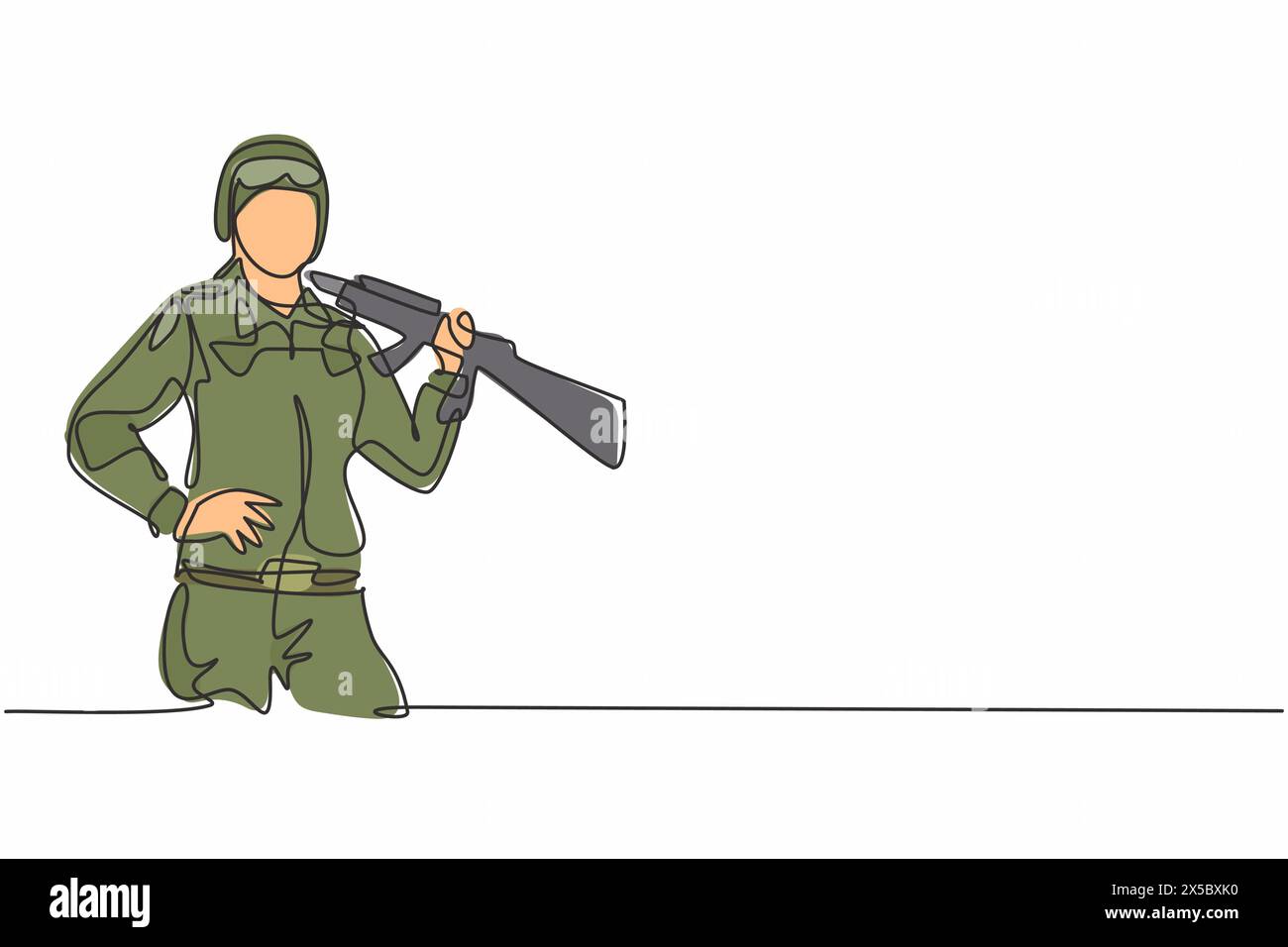 Disegno su una sola linea di una giovane coraggiosa soldato che posa con le mani sull'anca. Professione professionale e professione concetto minimo. Continua Illustrazione Vettoriale