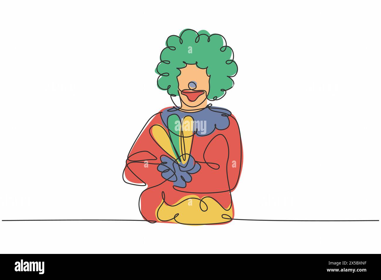 Un disegno su una sola linea di giovane buffo clown maschile posa croce braccio sul petto. Professione professionale e professione concetto minimo. lin continuo Illustrazione Vettoriale