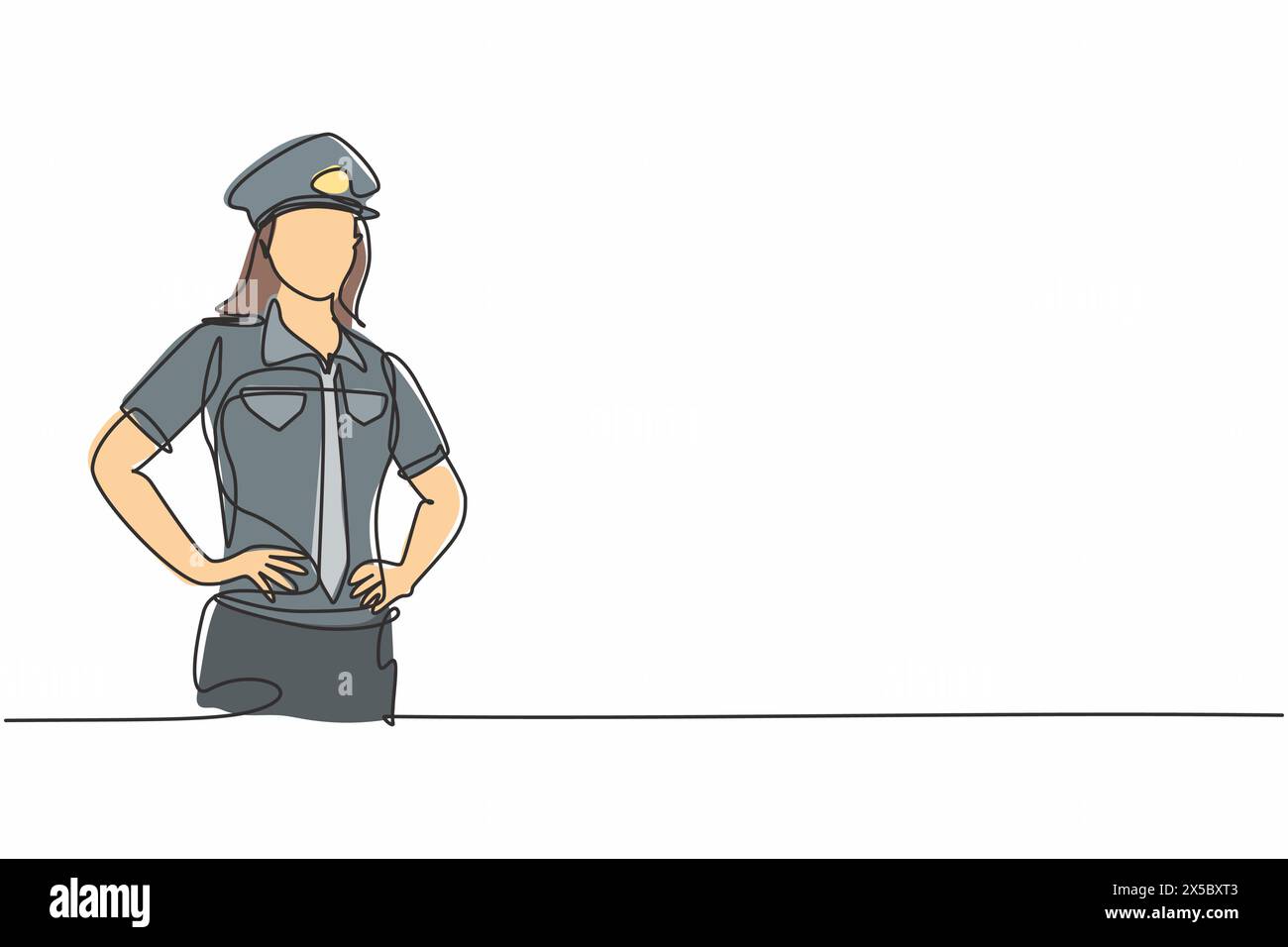 Disegno continuo di una linea di giovane bellezza polizia femminile in piedi uniforme con le mani sull'anca. Professione professionale concetto minimalista. Singolo Illustrazione Vettoriale