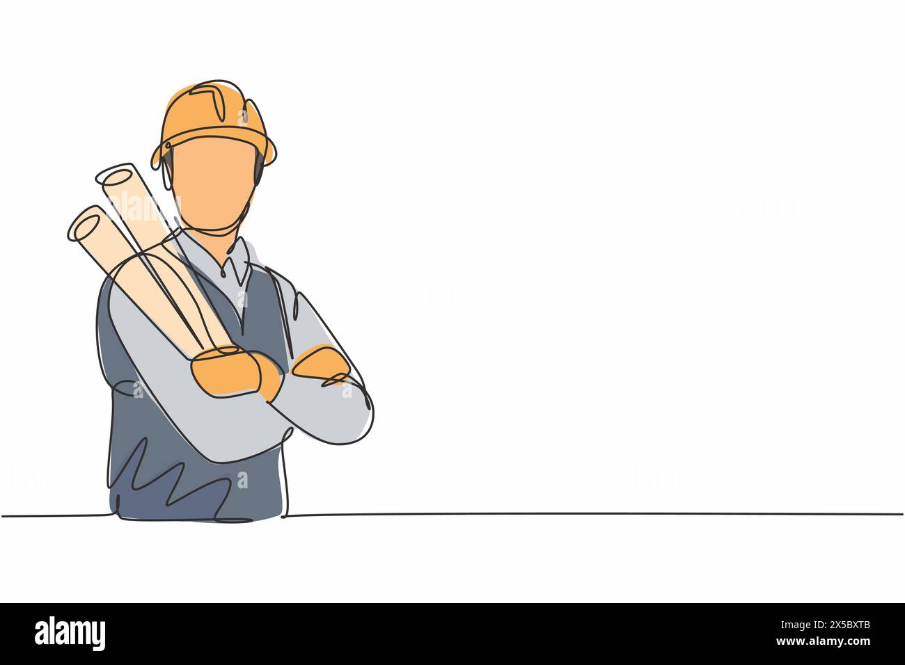 Singola linea che disegna il braccio trasversale giovane maschio dell'architetto su carta Blueprint per il torace. Professione professionale professione professione concetto minimo. Continu Illustrazione Vettoriale