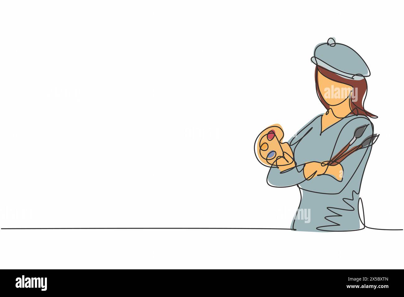 Disegno su una sola linea di una giovane pittrice di bracci incrociati in posa con una tavolozza di colori. Concetto di professione professionale. Continua Illustrazione Vettoriale