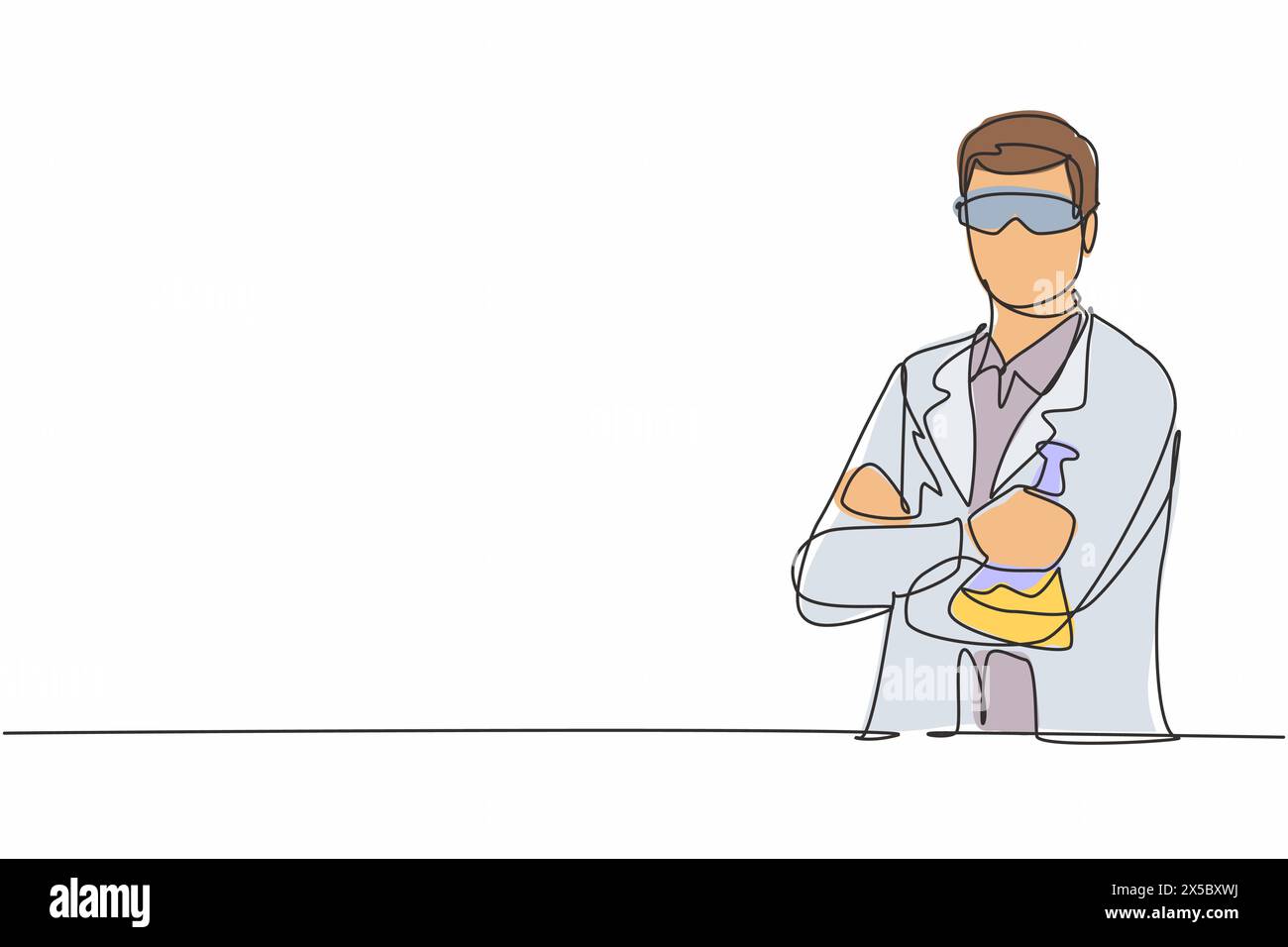 Una sola linea che disegna il giovane scienziato maschio ha incrociato il braccio sul petto e tiene in mano la fiasca. Professione professionale professione professione concetto minimo. Continua Illustrazione Vettoriale