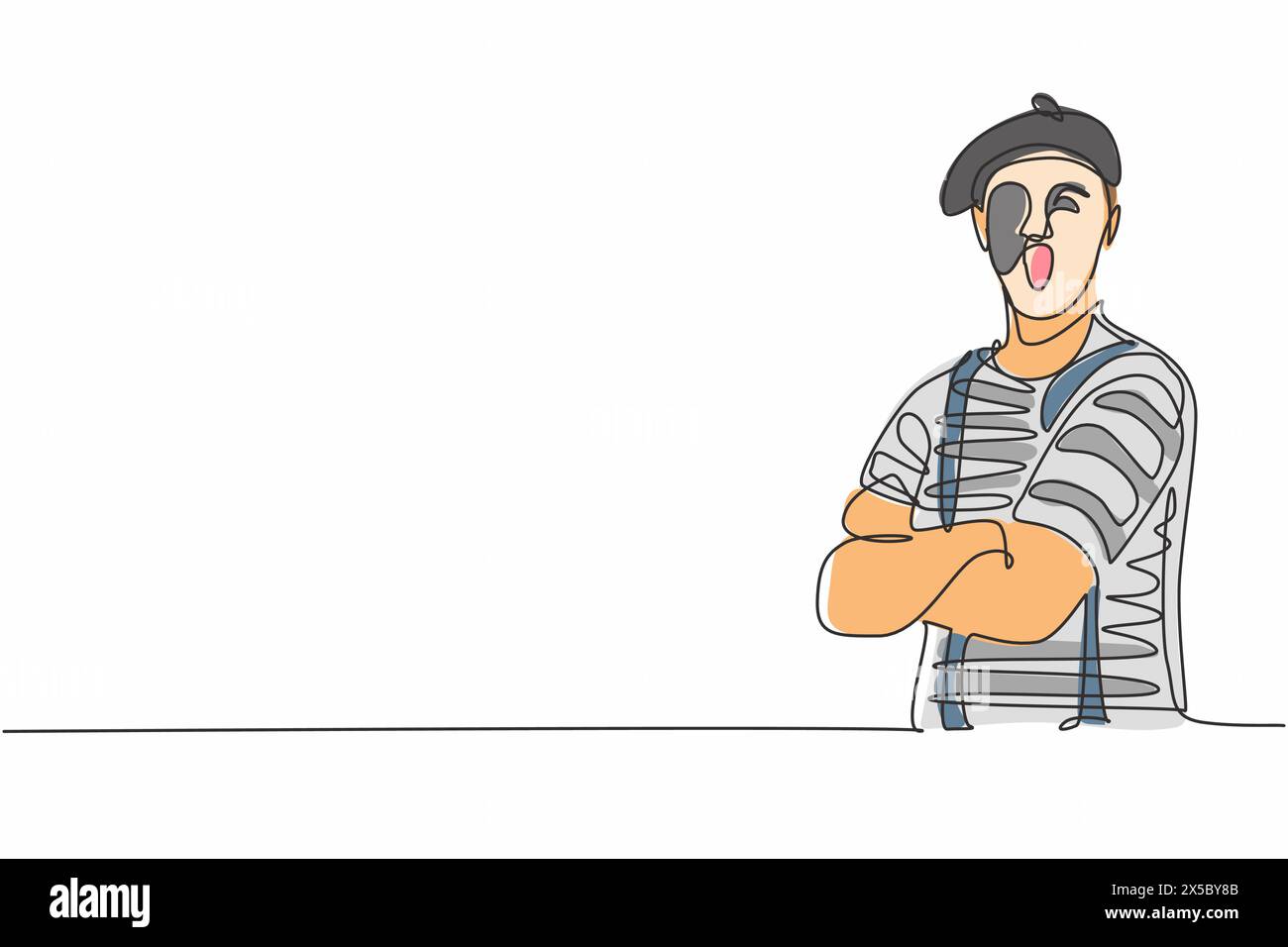 Disegno su una sola linea di un giovane artista mimo maschile con camicia a righe che poggia il braccio trasversale sul petto. Concetto minimo di lavoro professionale e occupazione. Conti Illustrazione Vettoriale