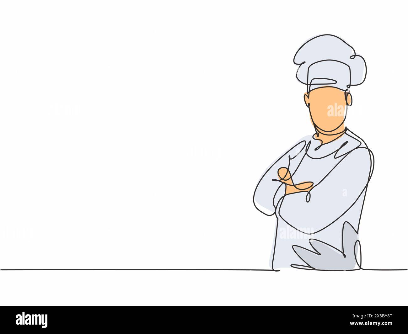 Disegna una sola riga di un giovane e attraente chef che posa, con il braccio incrociato sul petto. Eccellente servizio ristorante dell'hotel alla moda Illustrazione Vettoriale