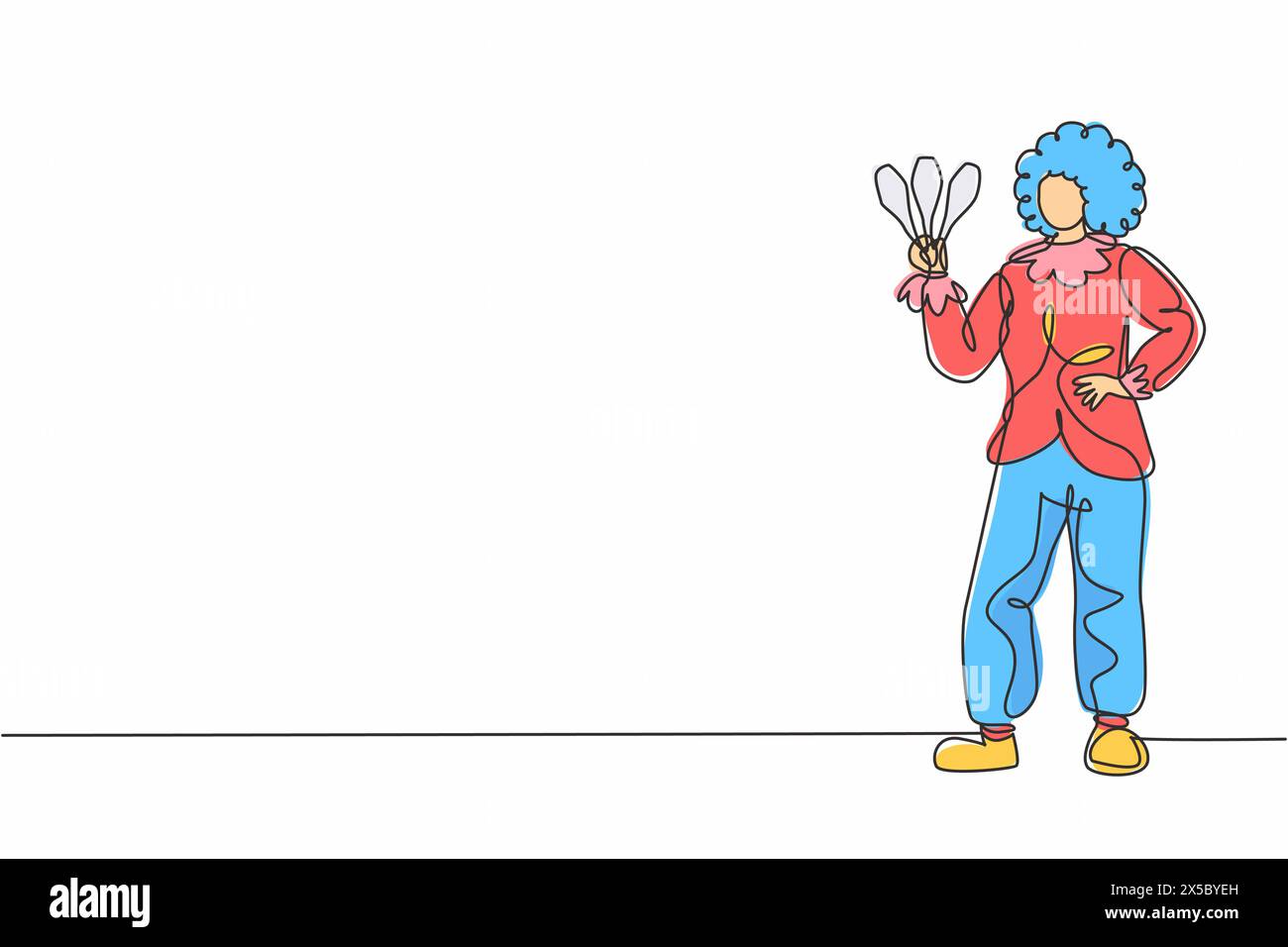 Disegno continuo di una linea di giovane divertente clown femminile di bellezza con le mani sull'anca. Professione professionale concetto minimalista. Linea singola Draw des Illustrazione Vettoriale