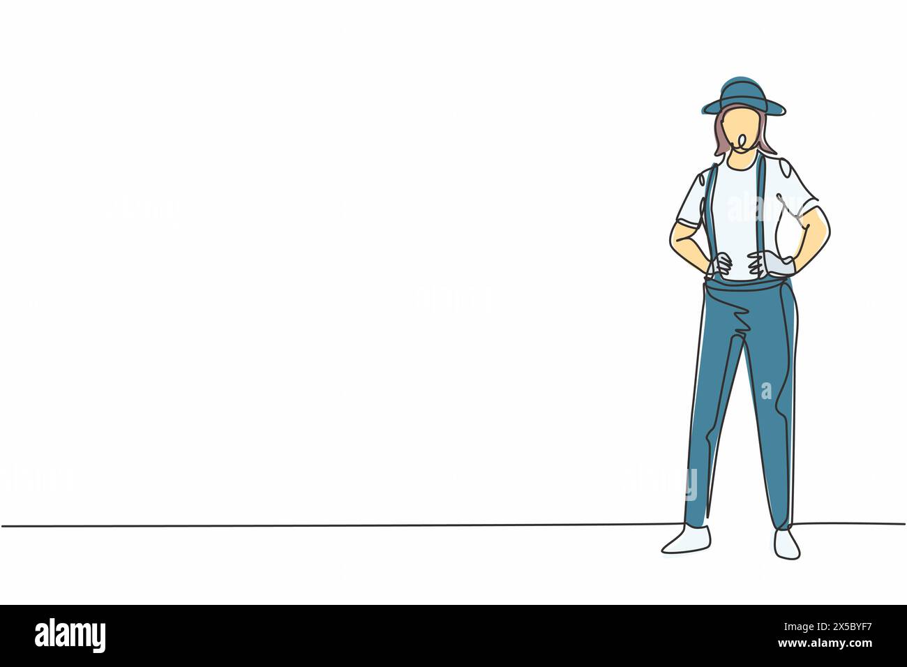 Linea singola continua che disegna una giovane artista mimo con camicia a strisce che tiene le mani sull'anca. Occupazione professionale. Concetto di minimalismo Illustrazione Vettoriale