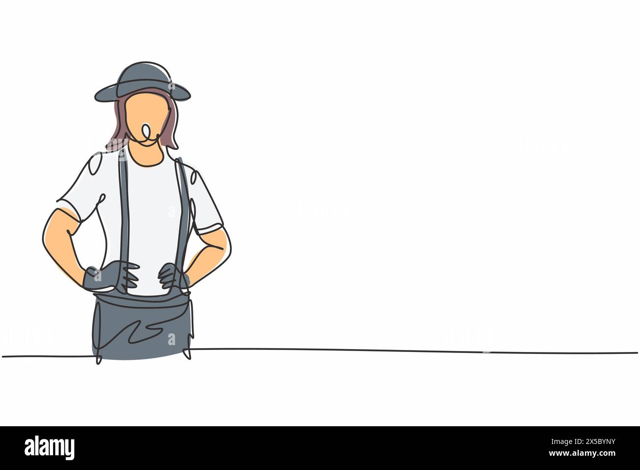 Un unico disegno continuo di una giovane artista mimo che tiene le mani sull'anca. Occupazione professionale. Concetto minimalismo una linea disegna gr Illustrazione Vettoriale