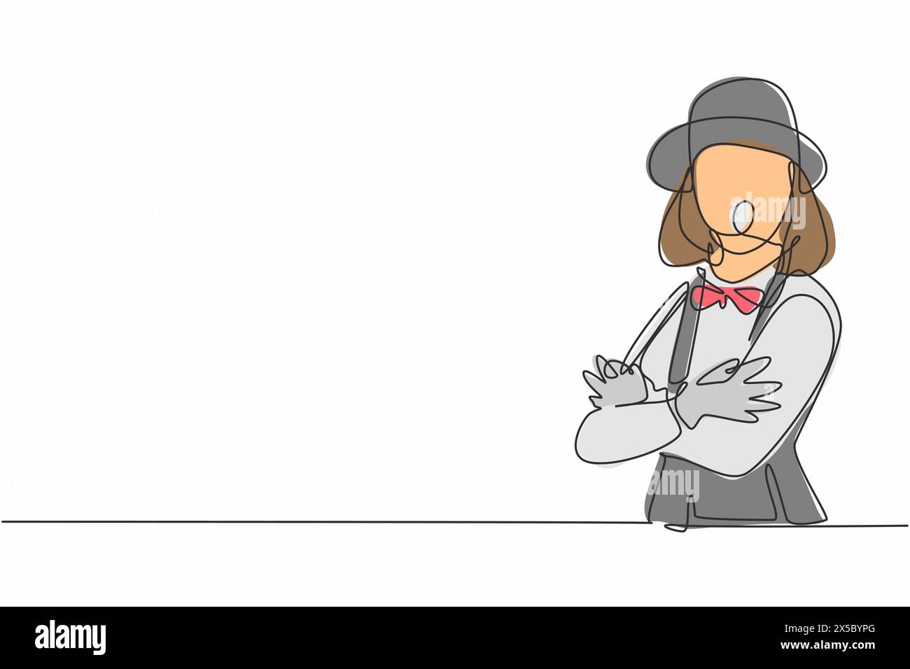 Disegno continuo di una linea di giovane artista mimo che posa braccia incrociate sul petto prima di esibirsi. Professione professionale concetto minimalista. Peccato Illustrazione Vettoriale