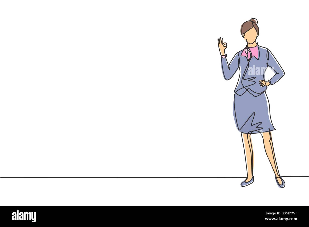 L'assistente di volo con una sola linea si trova in uniforme con un gesto ok prepararsi all'aeroporto con l'equipaggio che vola verso la loro destinazione. Conti Illustrazione Vettoriale