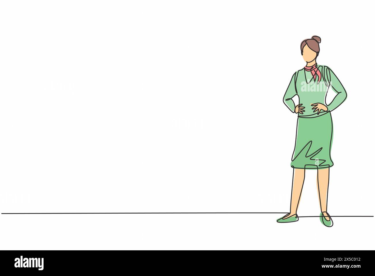 Una sola linea disegna una giovane hostess donna in piedi in posa con le mani sull'anca. Professione professionale e professione concetto minimo. Contin Illustrazione Vettoriale
