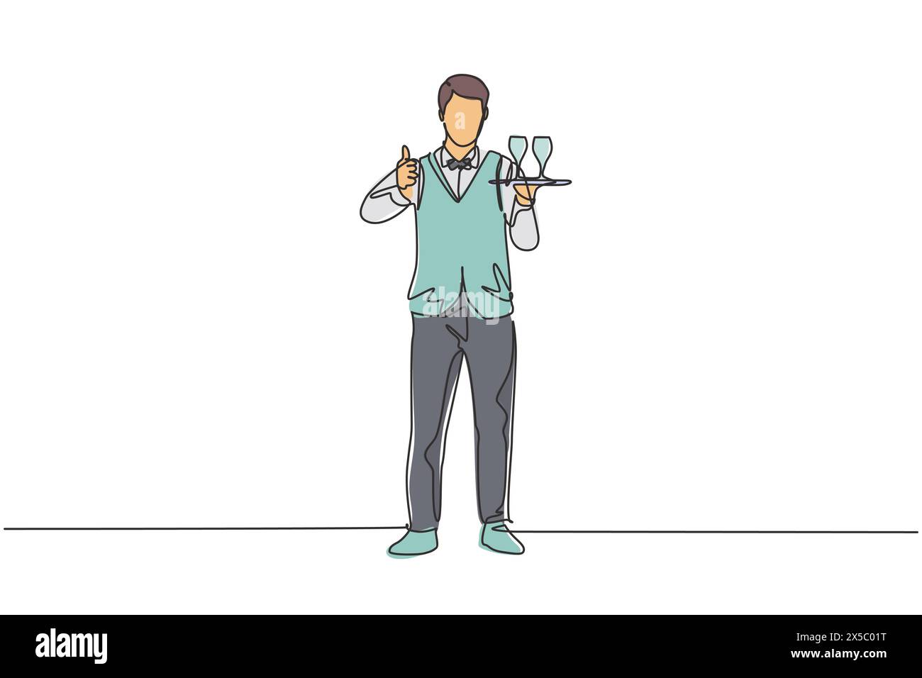 Un cameriere a linea continua si alzò con un gesto di pollice e portò un vassoio di bicchieri da bere da offrire agli ospiti del ristorante. Dinamica Illustrazione Vettoriale