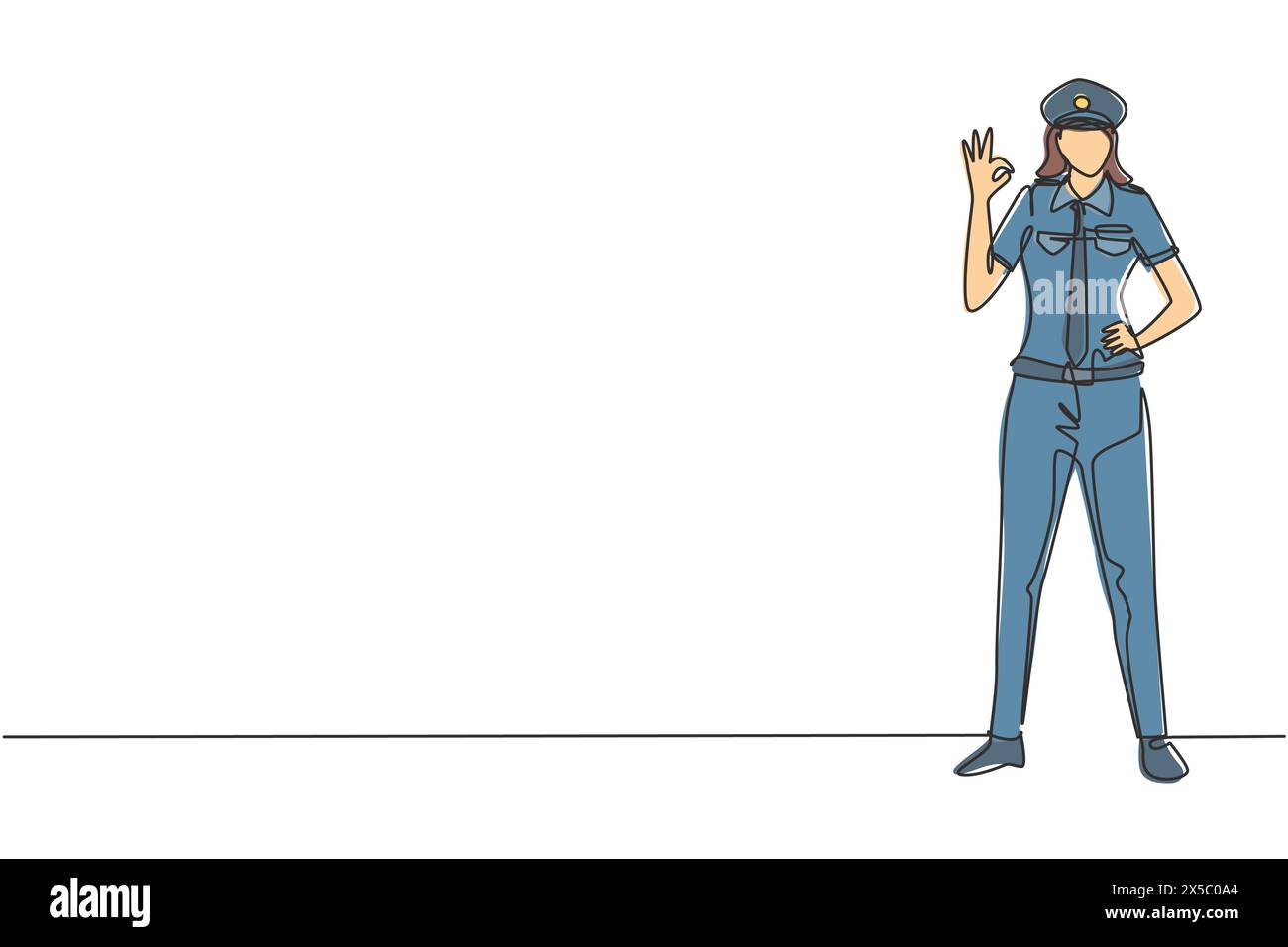 Un disegno su una sola linea di pilota donna sta con un gesto okay e uniforme completa serve i passeggeri dell'aereo volare a destinazione. Moderno e continuo Illustrazione Vettoriale