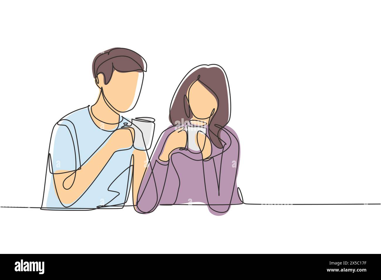 Una linea continua che disegna una coppia romantica seduto gustando una tazza di caffè per godersi la mattinata. Famiglia felice e concetto di vita di successo. Dinamico o Illustrazione Vettoriale