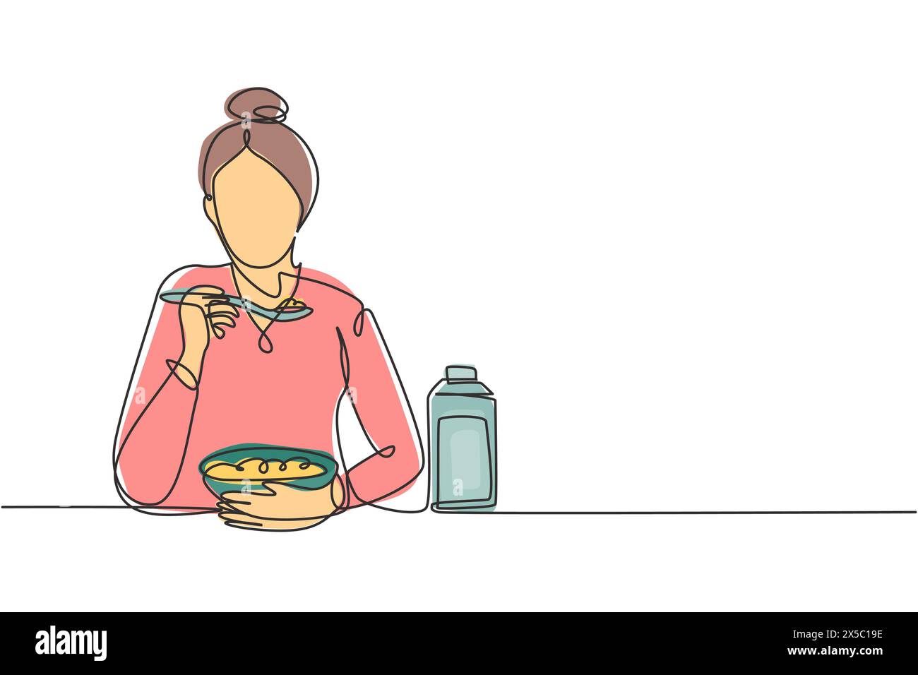 Una sola linea che attira una giovane donna che beve farina di cereali con latte e cucchiaio. Goditi la colazione a casa. Concetto di cibo delizioso e salutare. Moderno Illustrazione Vettoriale