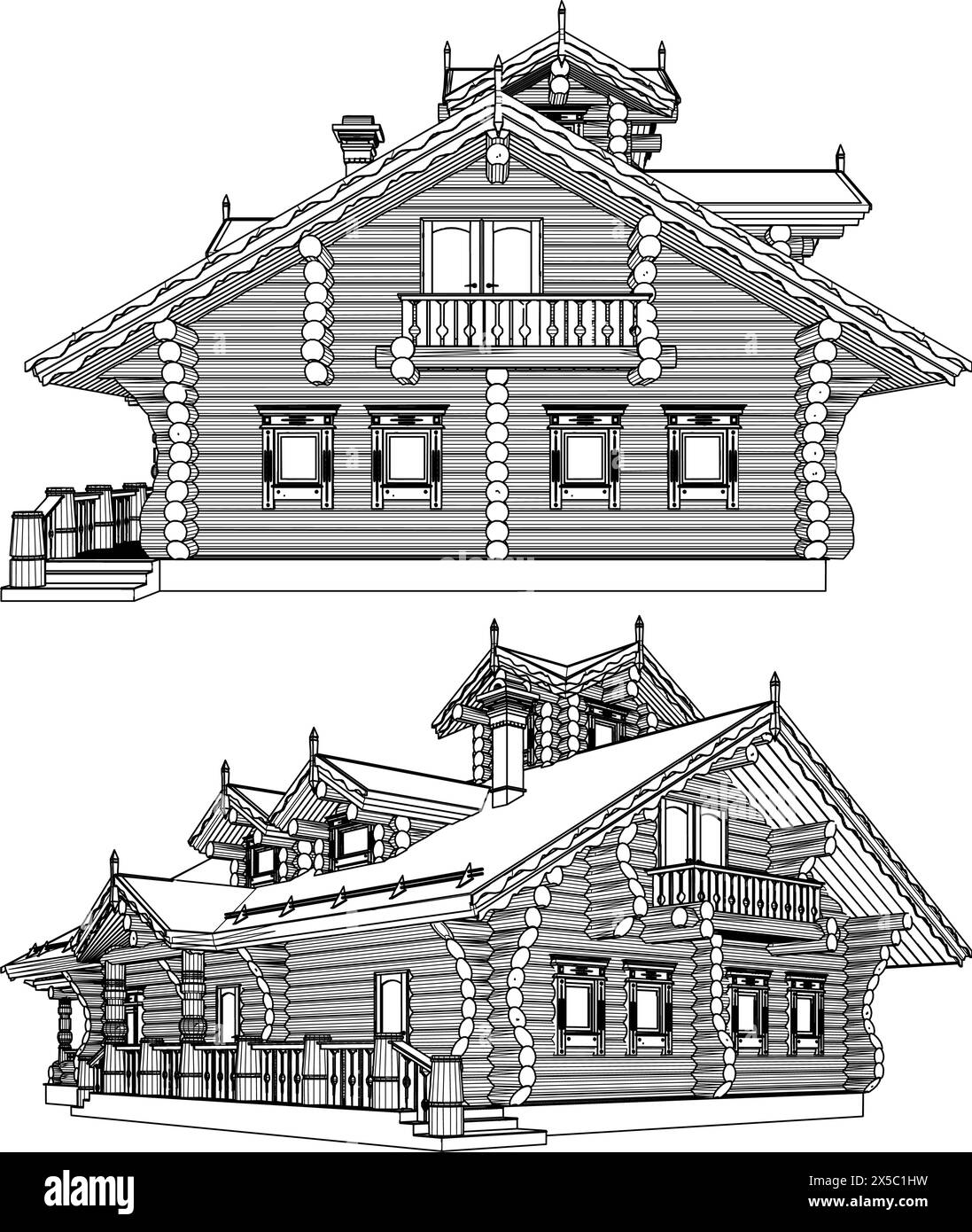 Casa in legno in Logs Vector. Illustrazione della struttura di costruzione di edifici in legno isolata su sfondo bianco. Illustrazione Vettoriale