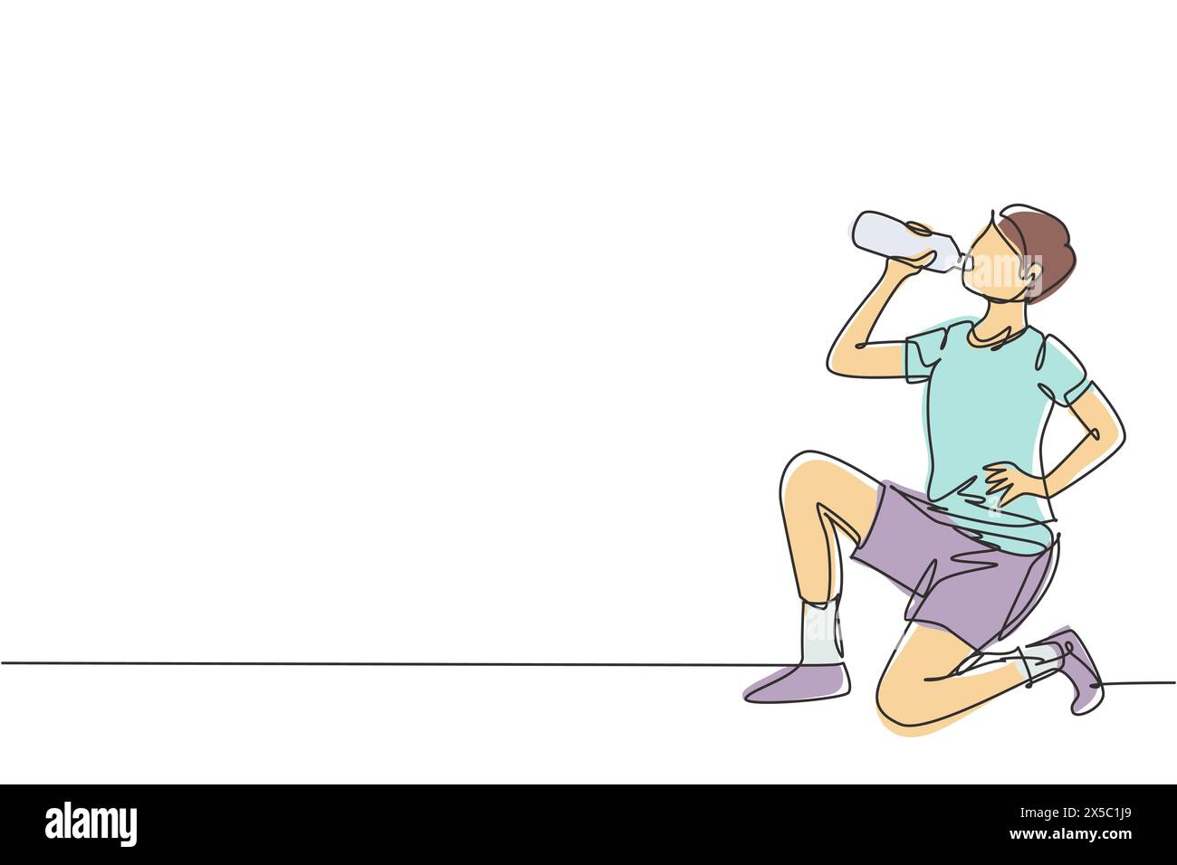 Una sola linea che attira il giovane che beve acqua in bottiglia mentre accovacciano dopo aver corso. L'esercizio mattutino provoca sete e disidratazione. conti moderni Illustrazione Vettoriale