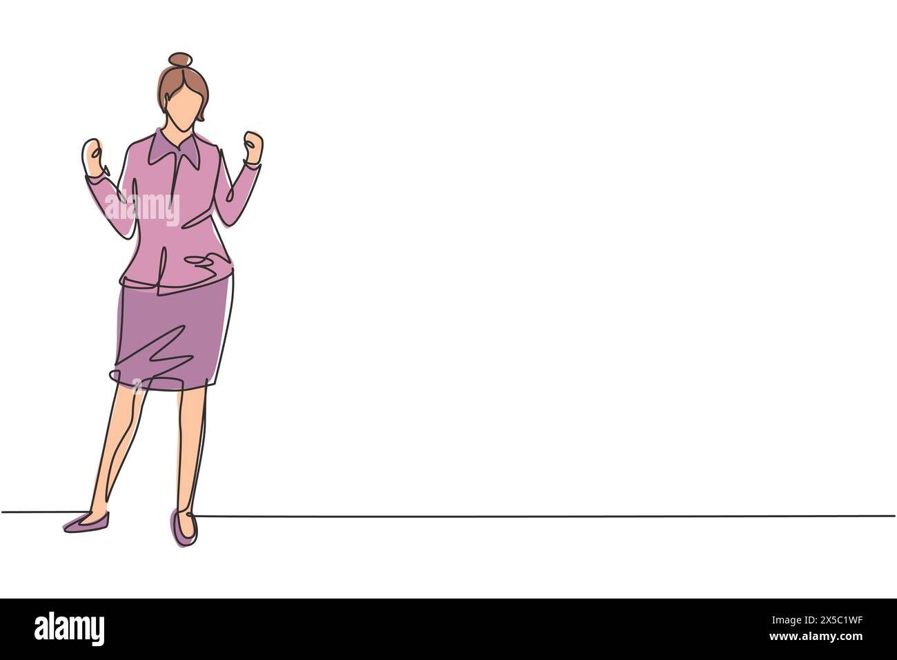 L'assistente di volo con una sola linea si erge con gesti celebrativi e uniforme prepararsi all'aeroporto con l'equipaggio che vola a destinazione. Continuo moderno Illustrazione Vettoriale