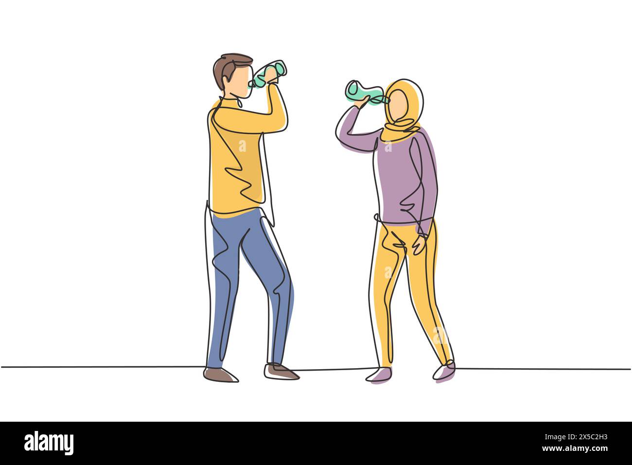 Linea singola continua che attira due adolescenti arabi in piedi mentre si godono una bottiglia di acqua fresca dopo l'esercizio fisico insieme. Stile di vita sano. Illustrazione Vettoriale