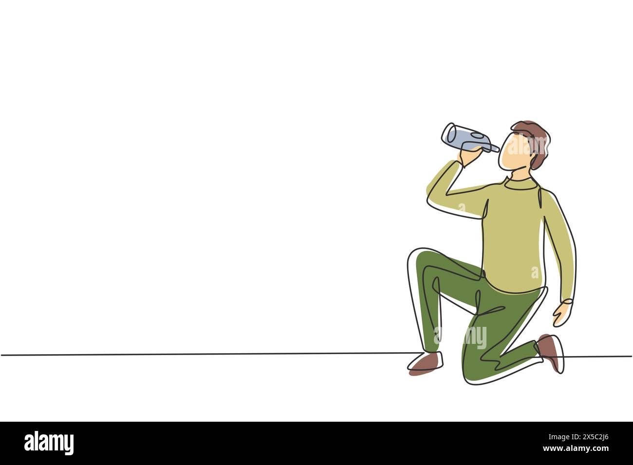 Linea singola continua che disegna il giovane arabo bevendo acqua in bottiglia mentre accovacciano dopo la corsa. L'esercizio mattutino provoca sete e disidratazione. Illustrazione Vettoriale