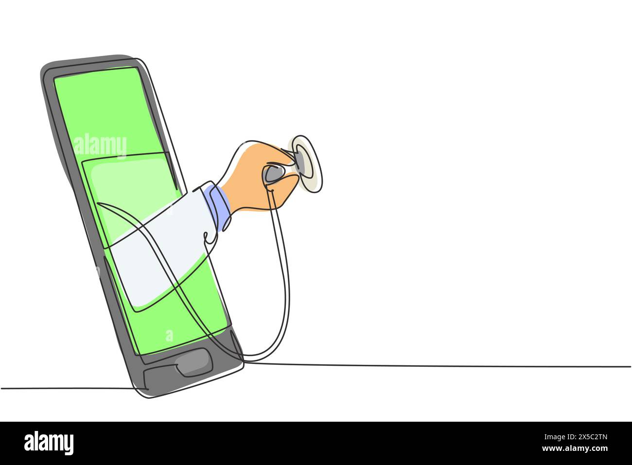 Una sola linea disegna la mano del medico dallo schermo dello smartphone che regge lo stetoscopio. Diagnostica medica analisi concettuale, ricerca. Moderno e continuo Illustrazione Vettoriale