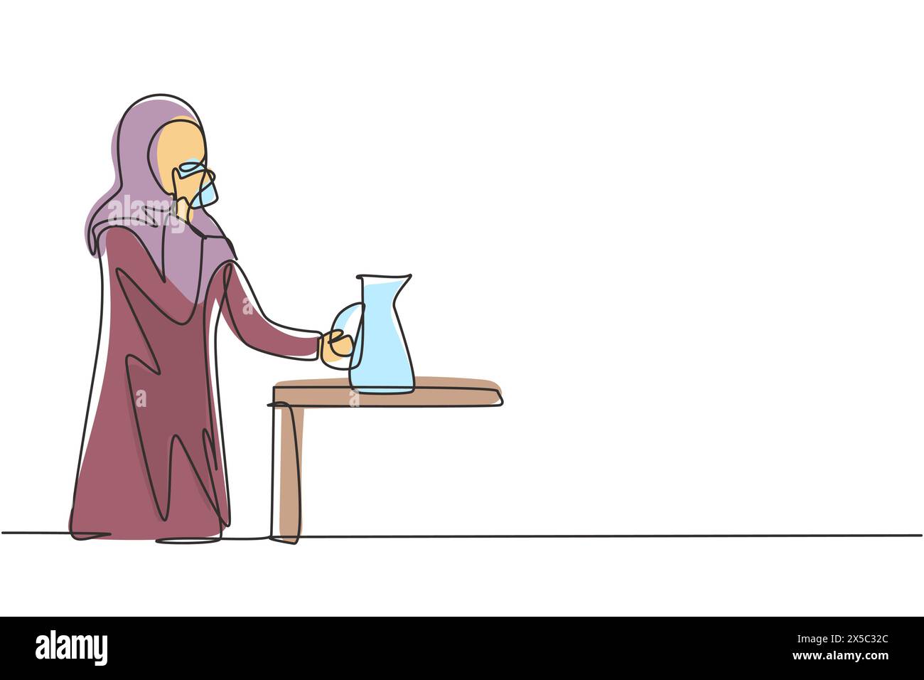 Linea singola continua che disegna una giovane donna araba in piedi e beve acqua in vetro dalla caraffa. Fai una pausa mentre pulisci casa. Persona felice. Dynami Illustrazione Vettoriale