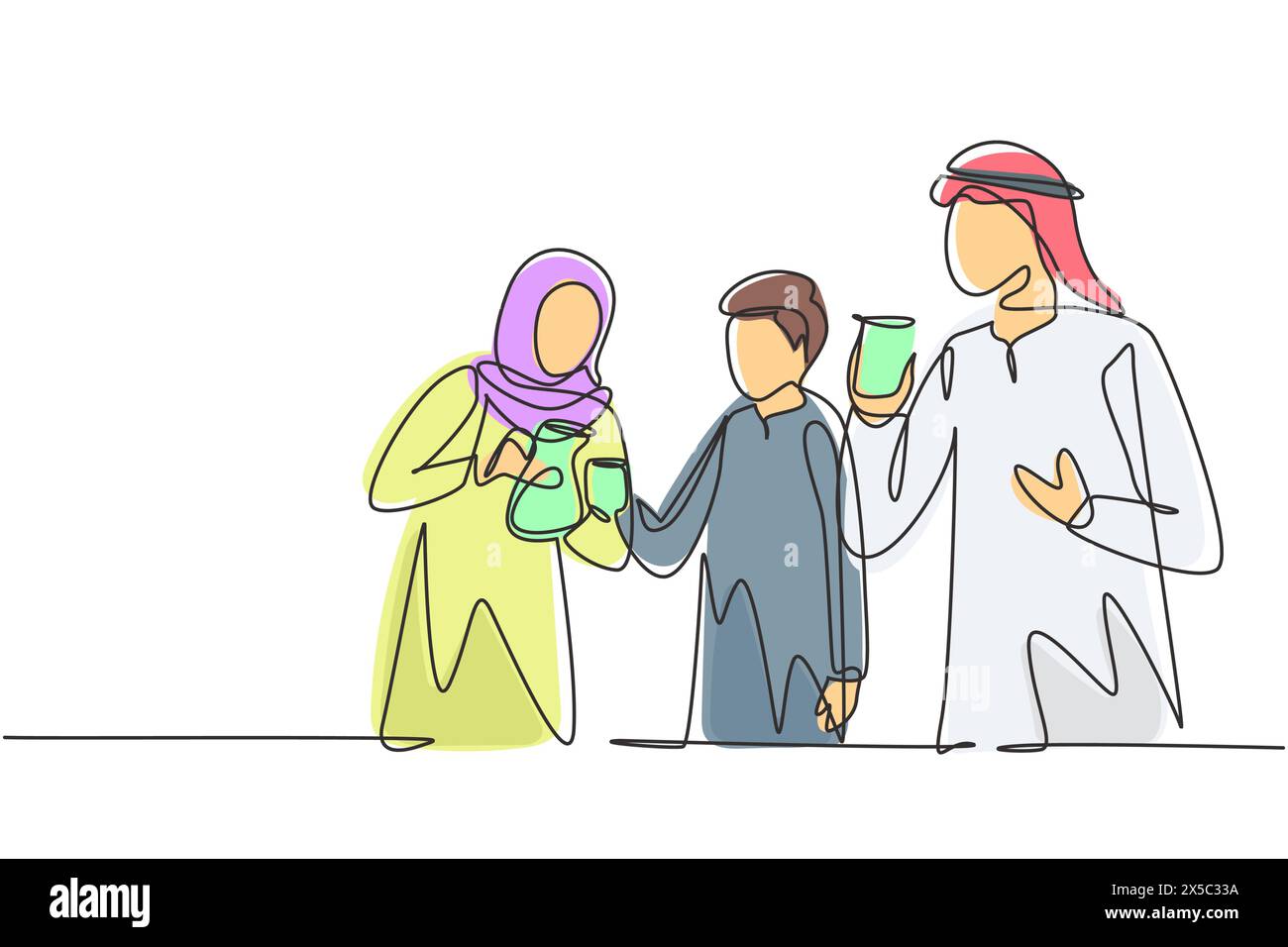 Linea singola continua che disegna la giovane famiglia araba festeggia insieme e le vacanze bevendo tè caldo. Momenti di relax e di rinfresco nella vita. Dinamica Illustrazione Vettoriale