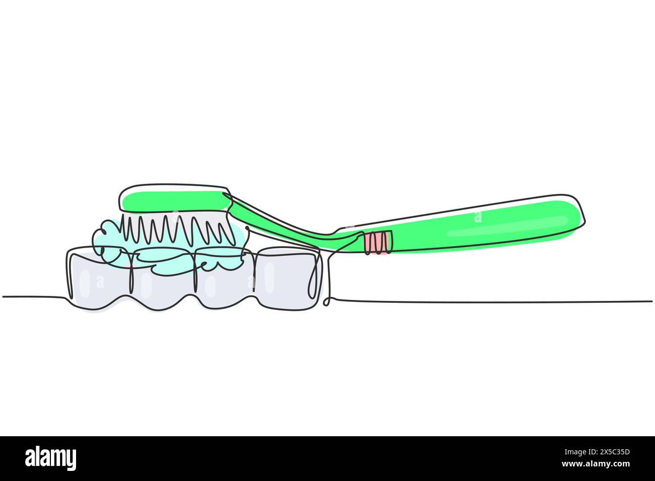 Spazzolino da denti a una sola linea utilizzato per spazzolare i denti. Sana attività mattutina per i membri della famiglia. Concetto di salute orale e dentale. Continua Illustrazione Vettoriale