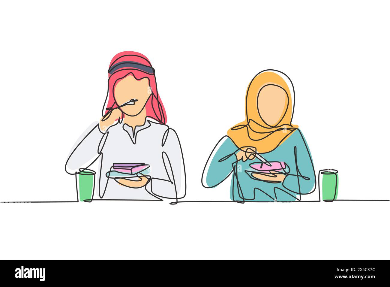 Singola linea continua che disegna giovane coppia araba marito e moglie che mangiano intorno al tavolo. Festeggia l'anniversario di matrimonio con una cena romantica. Dynami Illustrazione Vettoriale