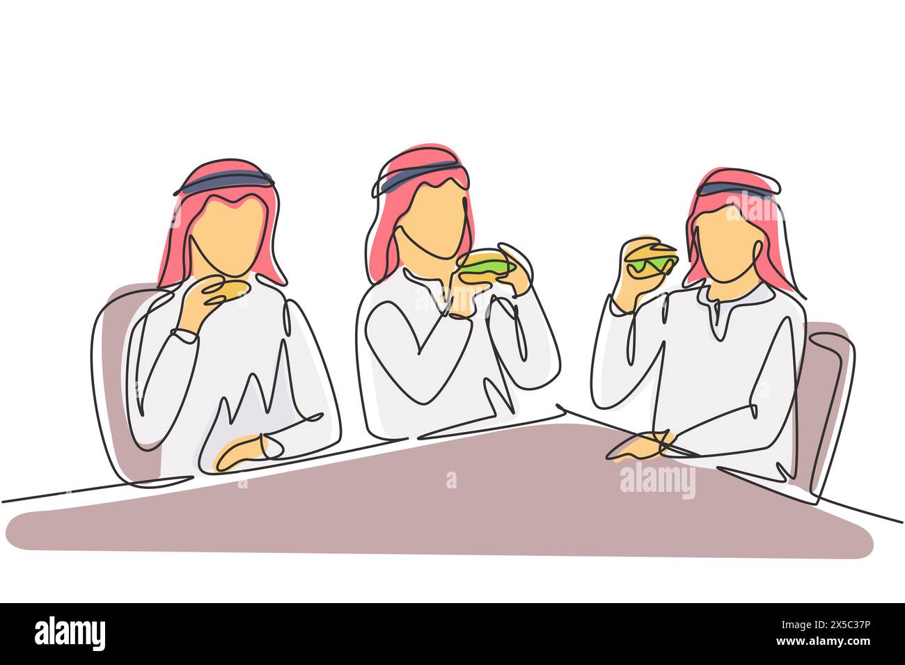 Una sola linea che riunisce giovani uomini arabi. Amici che mangiano fast food al ristorante. Persone sedute a cena con hamburger. Continua Illustrazione Vettoriale