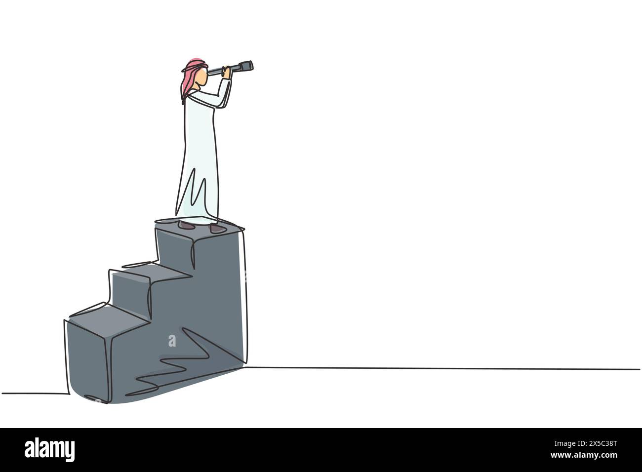 Un concetto di visione continua su una sola linea in affari di uomo d'affari arabo e telescopio, monoculare. Symbol leadership, strategia, missione, obiettivo Illustrazione Vettoriale