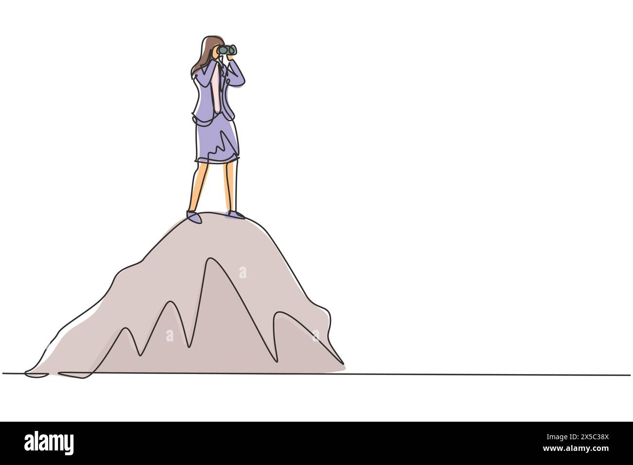 Linea singola continua che disegna una donna d'affari in piedi su una collina mentre guarda un binocolo. Symbol leadership, strategia, missione, obiettivi. Dinamico o Illustrazione Vettoriale
