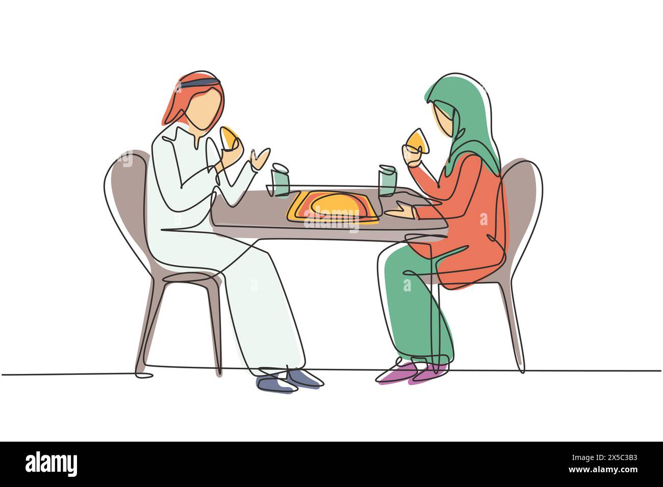 Una linea singola che attira giovani coppie arabe marito e moglie che mangiano torte intorno al tavolo. Festeggia l'anniversario di matrimonio con una cena romantica. Conti Illustrazione Vettoriale