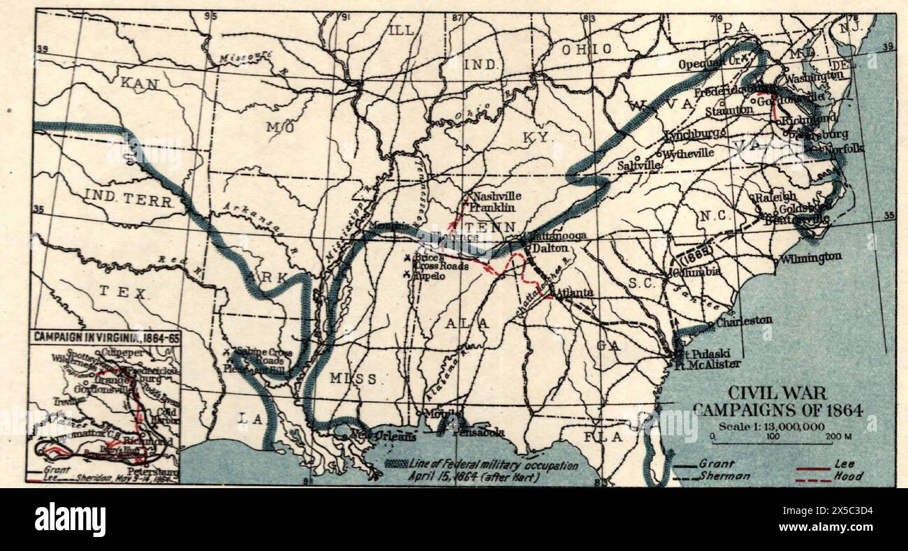 Mappa delle campagne della guerra civile del 1864 Foto Stock