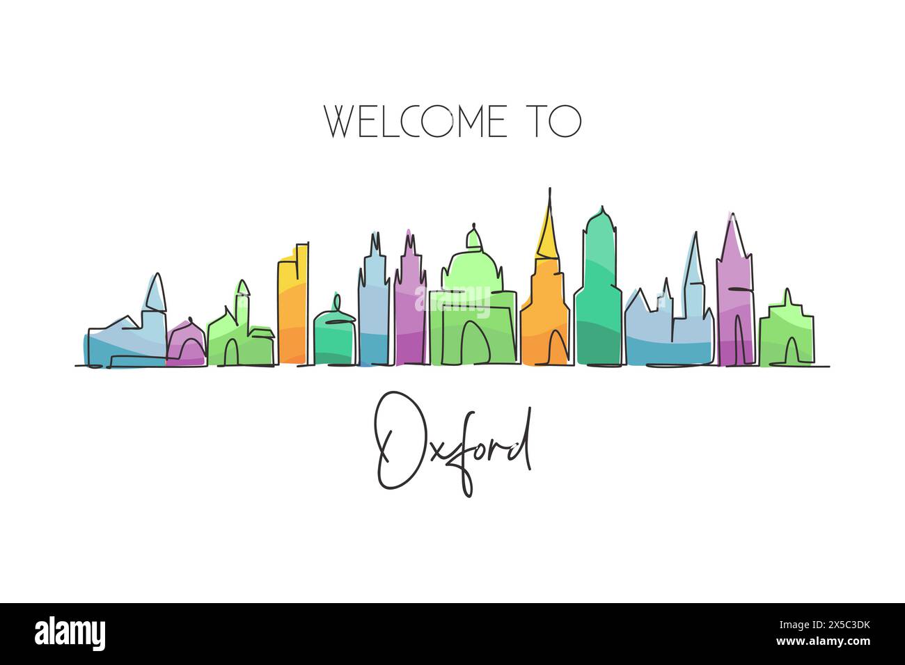Linea singola continua che disegna lo skyline di Oxford, Inghilterra. Famosa galleria paesaggistica dei raschiatori della città. Arredamento da parete, stampa di poster artistici. Illustrazione Vettoriale