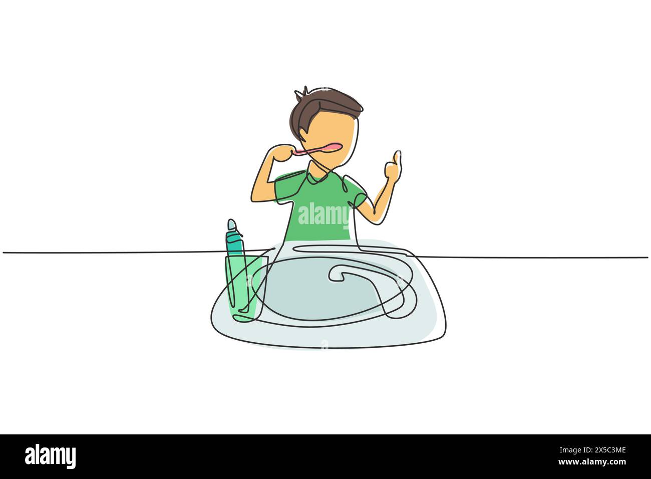 Linea singola continua che disegna il ragazzo che si pulisce i denti con un gesto con i pollici. Abitudini di routine per la pulizia, la salute, la freschezza della bocca e dei denti. Acceso Illustrazione Vettoriale