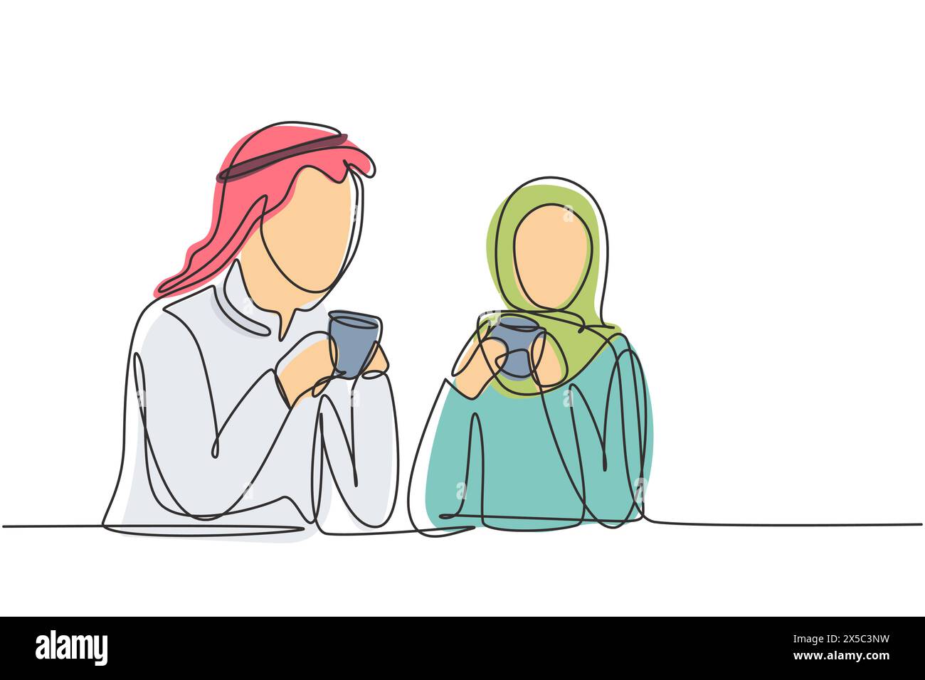 Una linea continua che disegna una romantica coppia araba seduta gustando una tazza di caffè per godersi la mattinata. Famiglia felice e concetto di vita di successo. Cantate Illustrazione Vettoriale